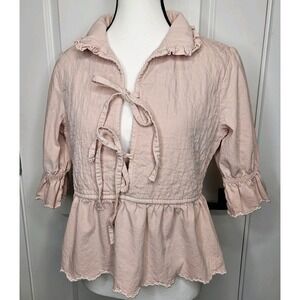 Seventy Mochi Women's Heidi Blouse Pink Dawn Size XS Peplum Quilted Puff Sleeve
